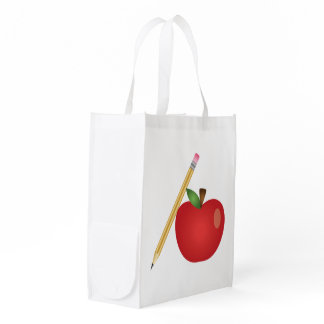 Red Cartoon Apple And Yellow Pencil Grocery Bag