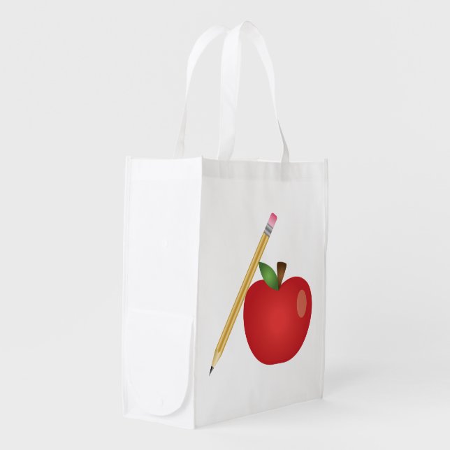 Red Cartoon Apple And Yellow Pencil Grocery Bag (Front Side)