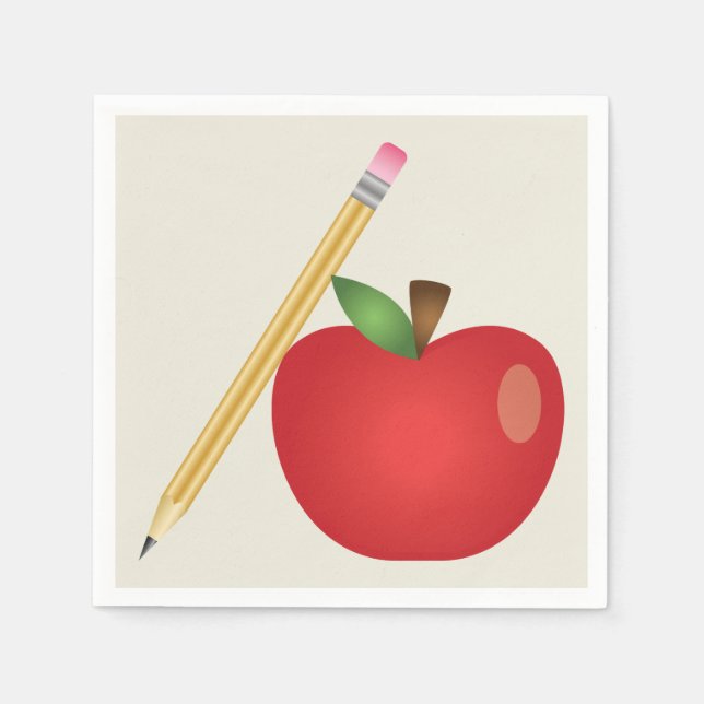 Red Cartoon Apple And Yellow Pencil Paper Napkins (Front)