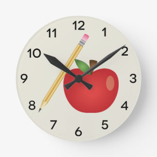 Red Cartoon Apple And Yellow Pencil Round Clock