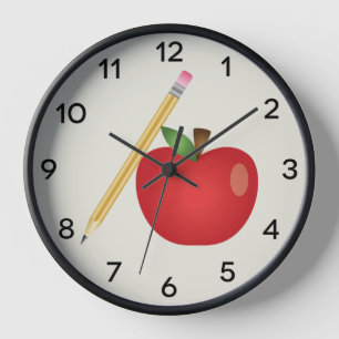 Red Cartoon Apple And Yellow Pencil Wall Clock