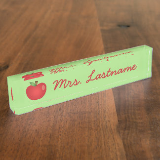 Red Cartoon Apple On Green With Custom Name Nameplate