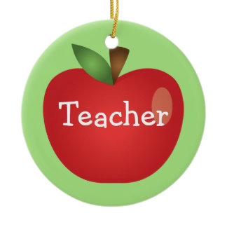 Red Cartoon Apple On Green With Text Teacher Ceramic Ornament