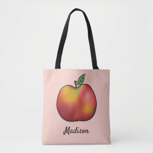 Red Cartoon Apple On Pink With Custom Name Tote Bag