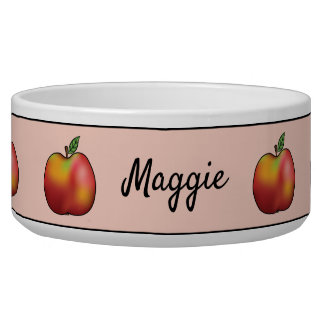 Red Cartoon Apples On Pink And Pet's Name Bowl