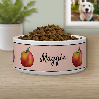 Red Cartoon Apples On Pink And Pet's Name Bowl