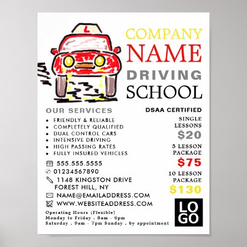 Red Cartoon Car Driving School Instructor Advert Poster