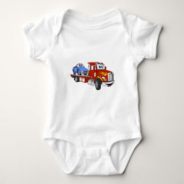 Red Cartoon Flatbed Tow Truck Baby Bodysuit (Front)