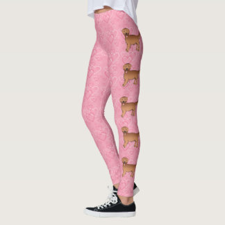 Red Cartoon Golden Retriever Dogs On Pink Hearts Leggings