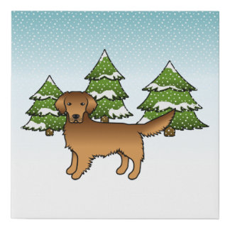Red Cartoon Golden Retriever In A Winter Forest Faux Canvas Print