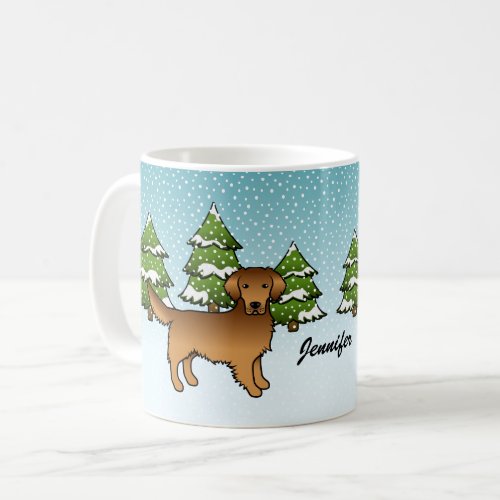 Red Cartoon Golden Retriever In Winter  Name Coffee Mug