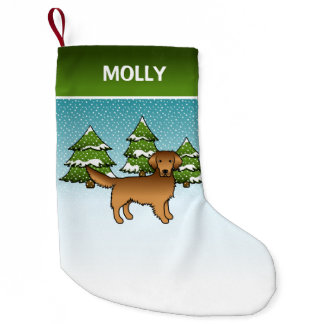Red Cartoon Golden Retriever In Winter &amp; Name Small Christmas Stocking