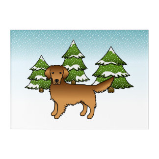 Red Cartoon Golden Retriever In Winter &amp; Trees Acrylic Print