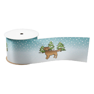 Red Cartoon Golden Retriever In Winter &amp; Trees Satin Ribbon