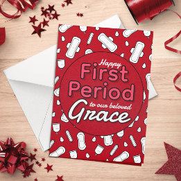 Red Cartoon Pad Tampon Teen Girl First Period Card
