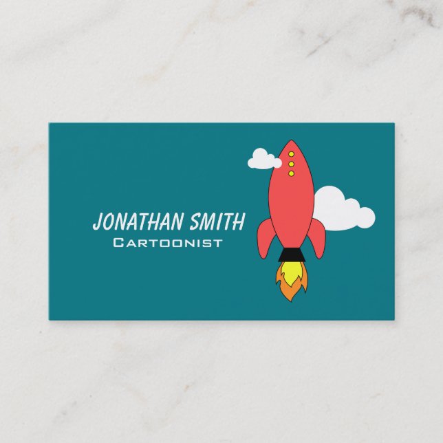 Red cartoon rocket business card (Front)