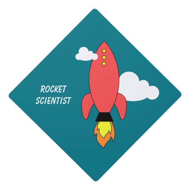 Red cartoon rocket graduation cap topper (Front)
