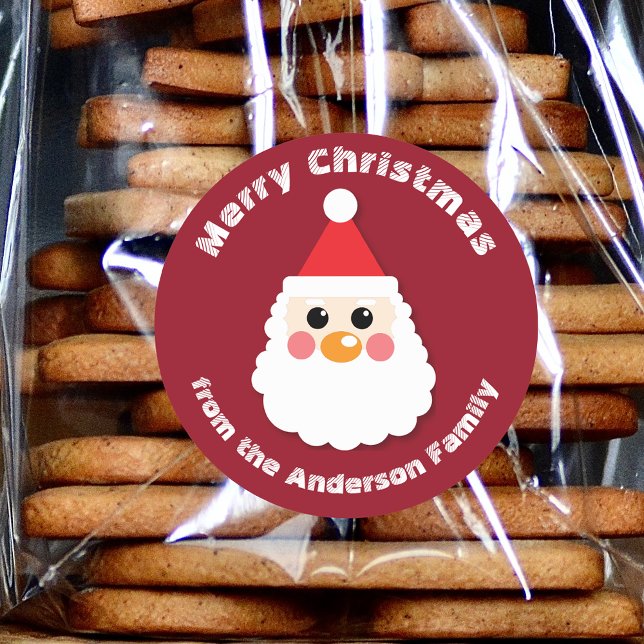 Red Cartoon Santa Family Name Christmas Classic Round Sticker (Creator Uploaded)