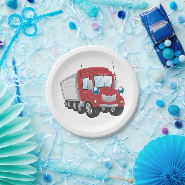 Red Cartoon Semi Truck Trailer Character Paper Plates (Creator Uploaded)