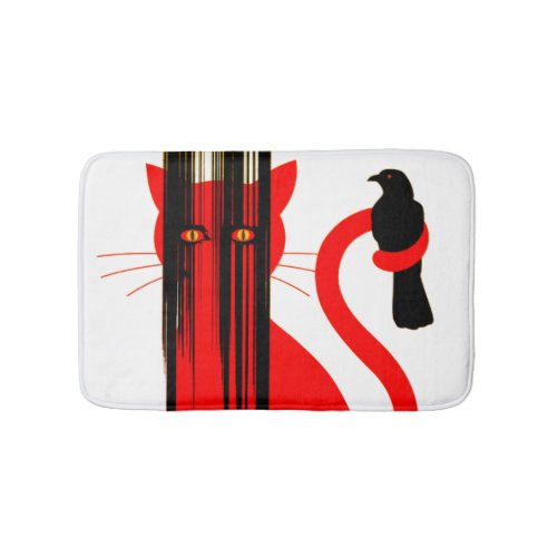 Red cat and a black bird illustration bath mat