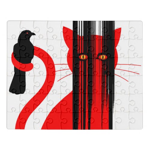 Red cat and a black bird illustration jigsaw puzzle