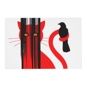 Red cat and a black bird illustration placemat