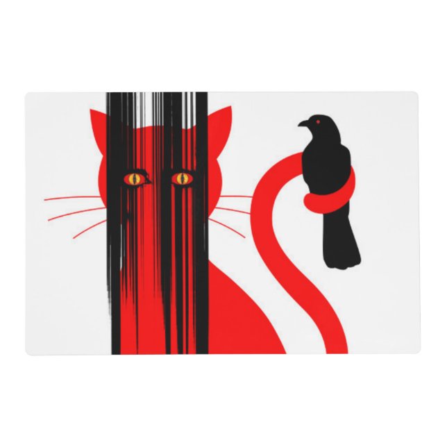 Red cat and a black bird illustration placemat (Front)
