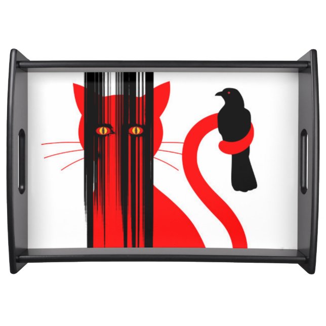 Red cat and a black bird illustration serving tray (Front)