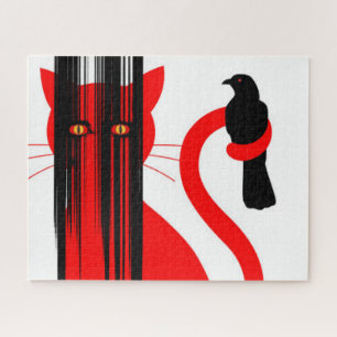 Red cat and black bird illustration jigsaw puzzle