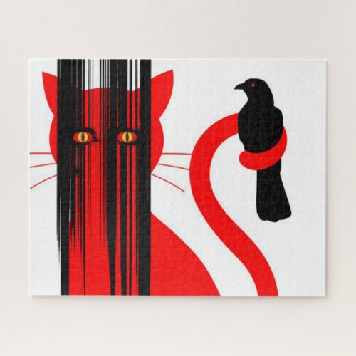 Red cat and black bird illustration jigsaw puzzle