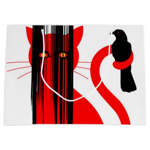 Red cat and black bird illustration large gift bag