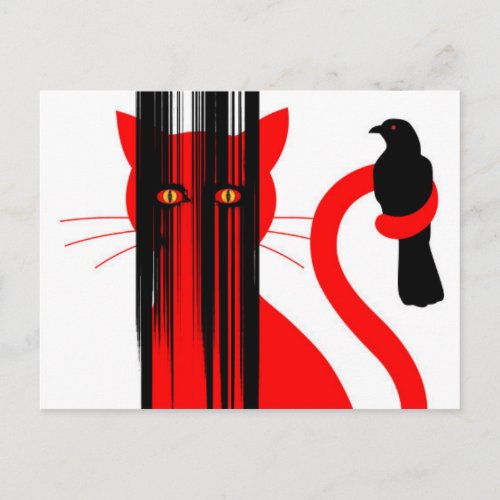 Red cat and black bird illustration postcard