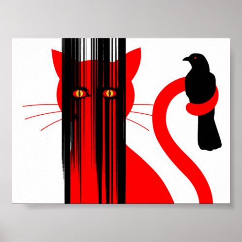 Red cat and black bird illustration poster