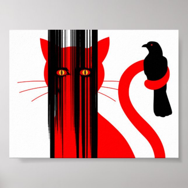 Red cat and black bird illustration poster (Front)