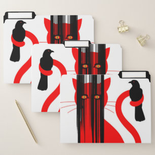 Red cat and black crow illustration file folder