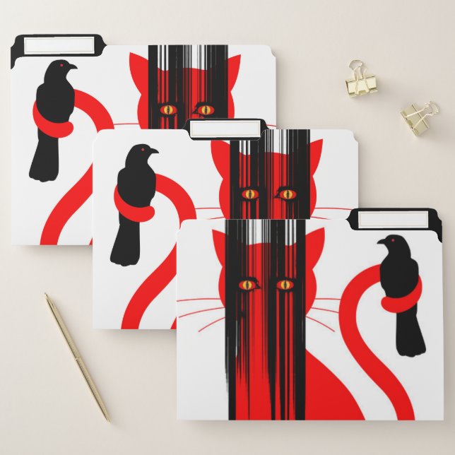Red cat and black crow illustration file folder (Set)