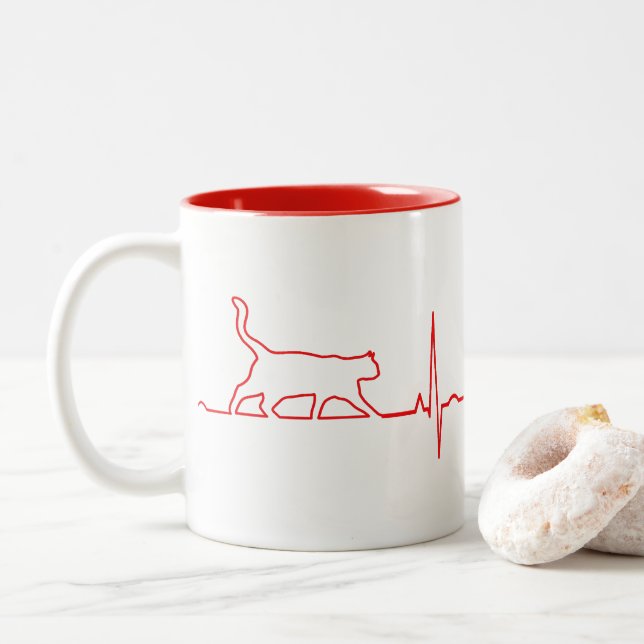 Red Cat Heartbeat Two-Tone Coffee Mug (With Donut)