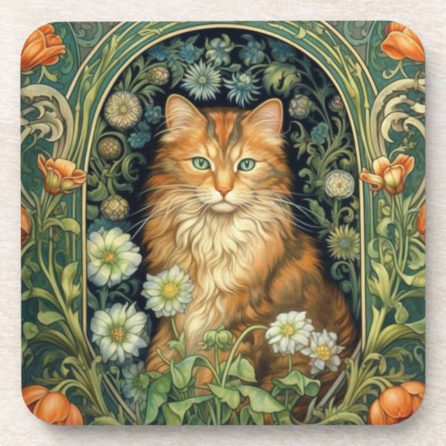 Red cat in the garden art nouveau beverage coaster (Front)