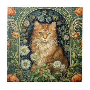 Red cat in the garden art nouveau  ceramic tile