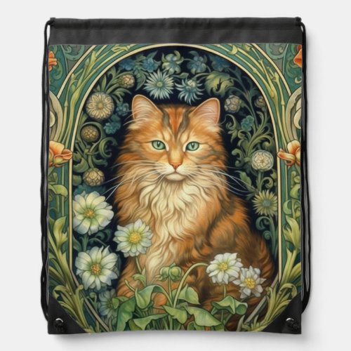 Red cat in the garden art nouveau drawstring bag