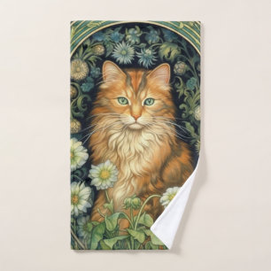 Red cat in the garden art nouveau hand towel