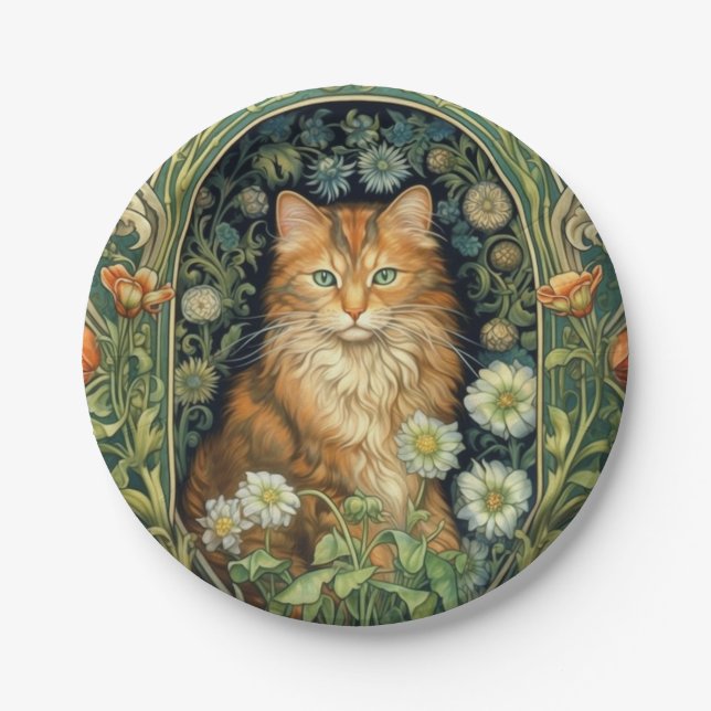 Red cat in the garden art nouveau  paper plates (Front)