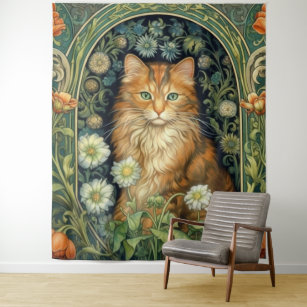Red cat in the garden art nouveau  tapestry