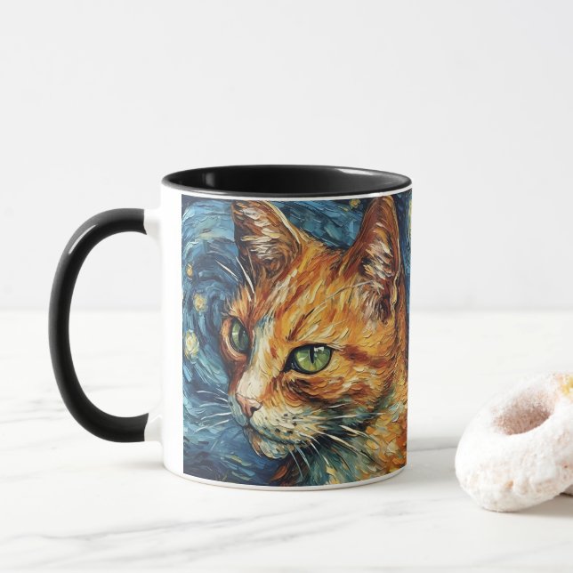Red Cat in Van Gogh's Style Mug (With Donut)