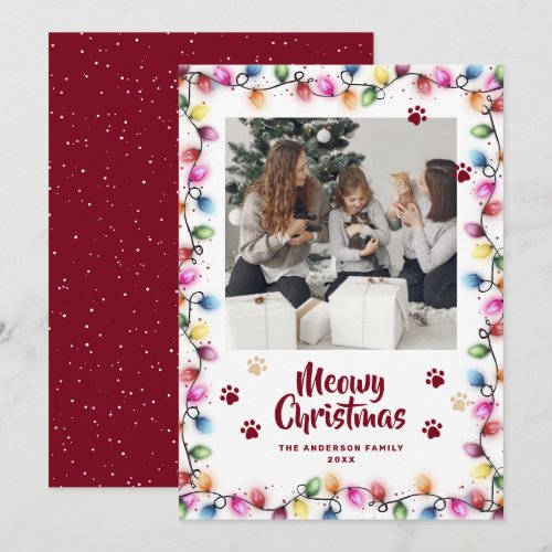 Red Cat Paws Christmas Lights Photo Meowy Holiday Card