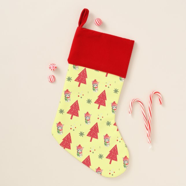 Red cat Santa Xmas tree Seamless pattern Christmas Stocking (Front)