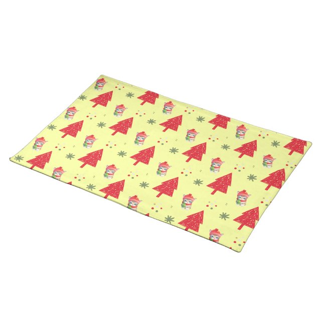 Red cat Santa Xmas tree Seamless pattern Cloth Placemat (On Table)