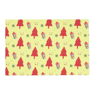 Red cat Santa Xmas tree Seamless pattern Placemat