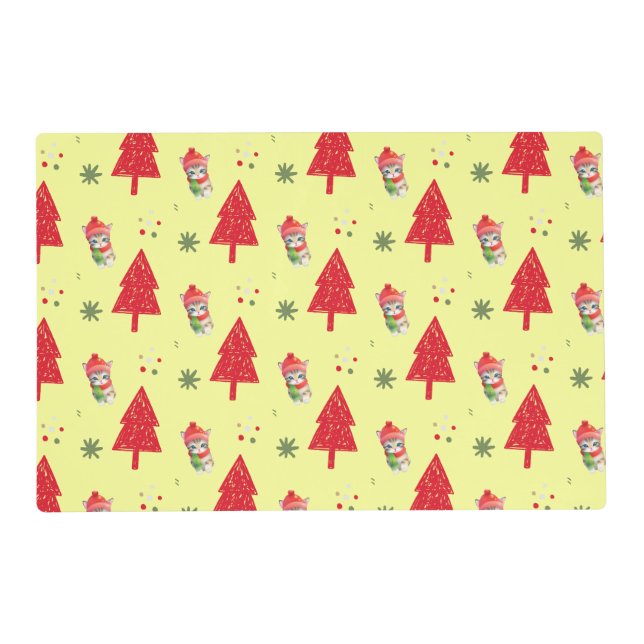 Red cat Santa Xmas tree Seamless pattern Placemat (Front)
