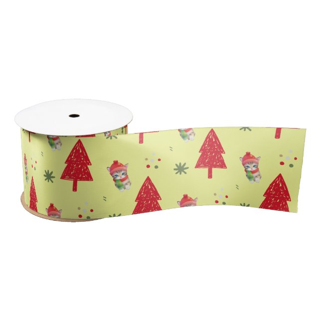 Red cat Santa Xmas tree Seamless pattern Satin Ribbon (Spool)
